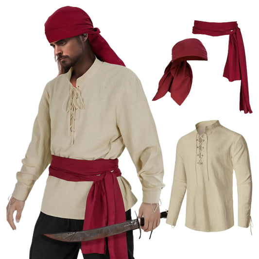 HSDOU Mens Pirate 3 Pcs Costume Set Renaissance Pirate Shirt Medieval Costume Viking (Z3760YE S)