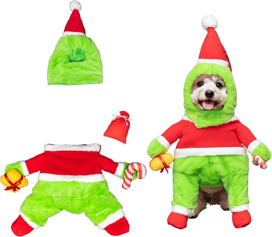 Dog Christmas Costume Green Furry Hat Xmas Halloween Dog Costume Funny Pet Costume Cosplay Outfit Party Favors (Small Green Furry Dog Costume)